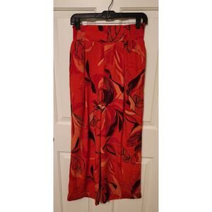 A New Day Women Floral Print High Rise Wide Leg Cropped Pull On Pants Medium Red